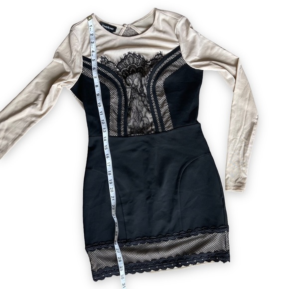 Bebe mini dress black lace nude sheer long sleeves women’s size small - Picture 12 of 14